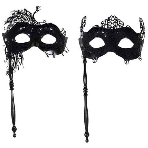 Mysteriöse Maskerade-Masken mit Stab, schwarze Maskenmasken mit Spitze, venezianische Augenmaske für Damen und Herren, Karnevalsparty-Maske, venezianische Partymaske für Cosplay, Abschlussball, von CavspkArt