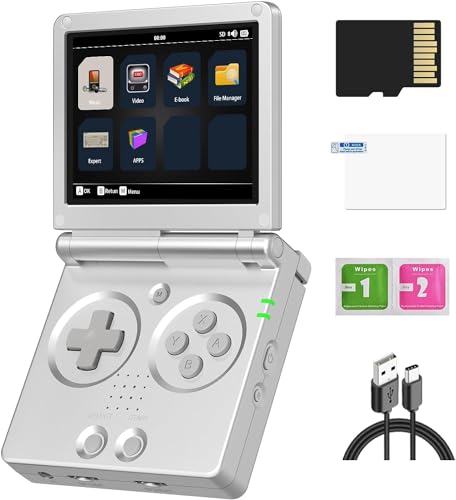 RG35XXSP Handheld-Spielkonsole, 3,5-Zoll-IPS Faltbildschirm Linux-System 3300-mAh-Akku Retro Videospielkonsole mit 64-G-TF-Karte und 5532 Spielen (RG35XXSP, Silber, 64G) von Cawevon