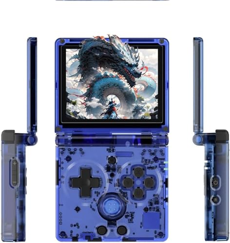 Cawevon RG35XXSP Handheld-Spielkonsole, 3,5-Zoll-IPS Faltbildschirm Linux-System 3300-mAh-Akku Retro Videospielkonsole mit 64-G-TF-Karte und 5532 Spielen (RG35XXSP, Transparent Blau, 64+128G) von Cawevon