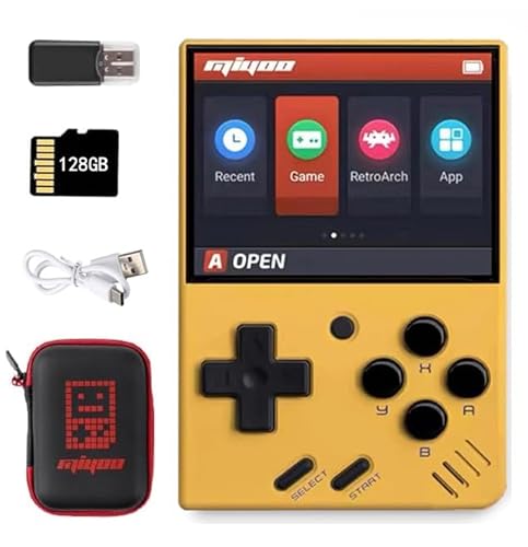 Mini V4 Handheld Retro Spielkonsole mit Aufbewahrungstasche, 2,8 Zoll IPS 750x560 Auflösung Bildschirm, tragbare Spielkonsole, 2000mAh Akku, integrierte 128GB TF-Karte & 11000+ Spiele (Gelb, 128) von Cawevon