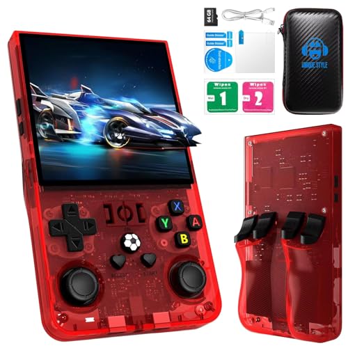 R36MAX Handheld-Spielekonsole, 4,0-Zoll-IPS-Bildschirm Linux-System 4000 mAh wiederaufladbare tragbare Taschen-Arcade mit 64 GB TF-Karte, eingebaute 18000 + Spiele (Rot, 64G) von Cawevon