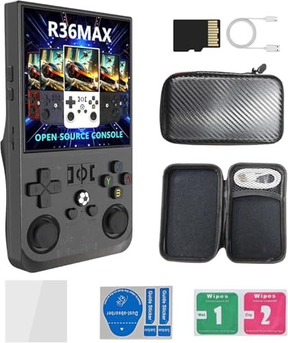 R36MAX Handheld-Spielekonsole, 4,0-Zoll-IPS-Bildschirm Linux-System 4000 mAh wiederaufladbare tragbare Taschen-Arcade mit 64 GB TF-Karte, eingebaute 18000 + Spiele (Schwarz, 64G) von Cawevon