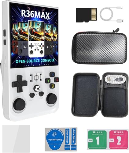 R36MAX Handheld-Spielekonsole, 4,0-Zoll-IPS-Bildschirm Linux-System 4000 mAh wiederaufladbare tragbare Taschen-Arcade mit 64 GB TF-Karte, eingebaute 18000 + Spiele (Weiß, 64G) von Cawevon