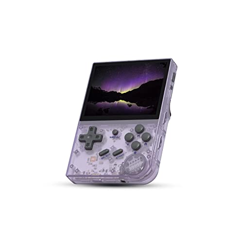 RG35XX Handheld-Spielekonsole, 3,5 Zoll IPS Bildschirm Linux System Retro Videospiele Konsole, Eingebaute 64G TF Karte 5474 Klassische Spiele Unterstützung HDMI TV Ausgang (Lila Transparent, 64G) von Cawevon