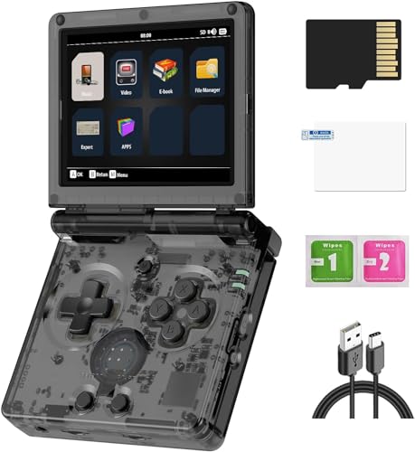 RG35XXSP Handheld-Spielkonsole, 3,5-Zoll-IPS Faltbildschirm Linux-System 3300-mAh-Akku Retro Videospielkonsole mit 128G-TF-Karte und 5532 Spielen (RG35XXSP, Transparent Schwarz, 64+128G) von Cawevon