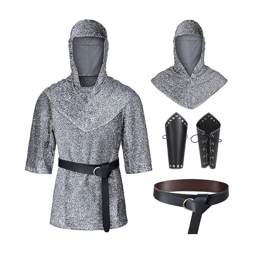 Caxndycing Herren Ritter-Kostüm Set Renaissance Faux Chain Mail Rüstung Tunika Shirt Coif Mittelalter Ritter Cowl 5 Teilig Kreuzritter Kostüm Outfit Armschienen Taille Gürtel Set Prinz Krieger König von Caxndycing