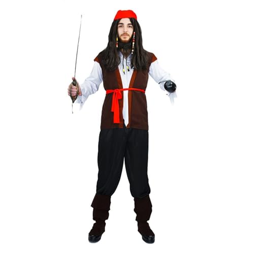 Caxndycing Piratenkostüm Herren Piratin Kostüm Set mit Hemd Lang Hose Piraten Kopftuch Gürtel Halskette für Fasching Karneval Piratenhemd Mittelalter Hose von Caxndycing