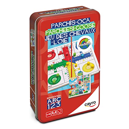 Cayro – Parcheesi und Gans – ab 5 Jahren – Metallbox – lustiges Brettspiel für Kinder und Erwachsene – Holzbrett, Tassen und Chips – 2 bis 4 Spieler von Cayro