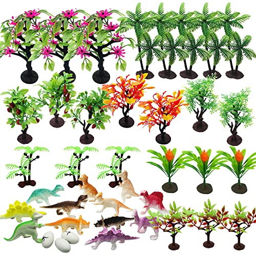 Cayway 24 Stück Modellbau Bäume Mixed Kokosnussbaum Apfelbaum Modellbau mit 12 Stück Dinosaurier Figuren, 3 Stück Dinosaurier Eier, Bäume Kuchen Dekorationen für Miniatur Deko, Cake Topper von Cayway