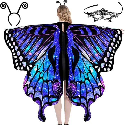 3 Pieces Butterfly Costume Women's Butterfly Cape Set with Butterfly Headband Women's Lace Mask Fancy Dress Butterfly Costume，Butterfly Wings Butterfly Cape with Headband and Face Mask (Blue) von Cazqgoy