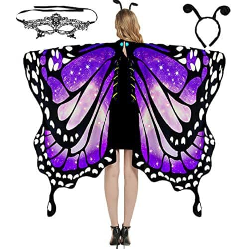 3 Pieces Butterfly Costume Women's Butterfly Cape Set with Butterfly Headband Women's Lace Mask Fancy Dress Butterfly Costume，Butterfly Wings Butterfly Cape with Headband and Face Mask (Hellviolett) von Cazqgoy