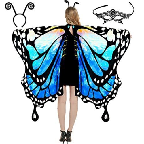 3 Pieces Butterfly Costume Women's Butterfly Cape Set with Butterfly Headband Women's Lace Mask Fancy Dress Butterfly Costume，Butterfly Wings Butterfly Cape with Headband and Face Mask (Lightblue) von Cazqgoy