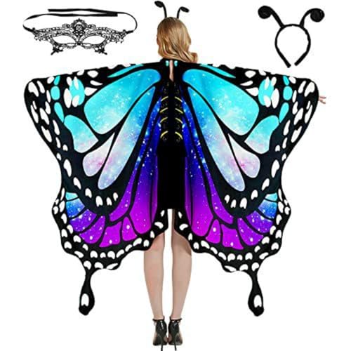 3 Pieces Butterfly Costume Women's Butterfly Cape Set with Butterfly Headband Women's Lace Mask Fancy Dress Butterfly Costume，Butterfly Wings Butterfly Cape with Headband and Face Mask (Sky Blue) von Cazqgoy