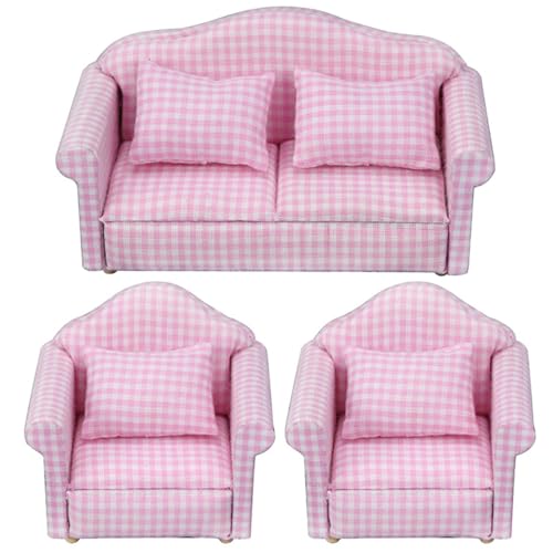 3pcs Holzpuppenhausmöbel Set 1: 12 Skala Doppel ＆ Einpuppenhaus Couch mit Kissen, Miniaturpuppenhausmöbel,gestreiftes Doppel ＆ Einpuppenhaus Couch mit Kissen Sessel Sofa (Pink) von Cazqgoy