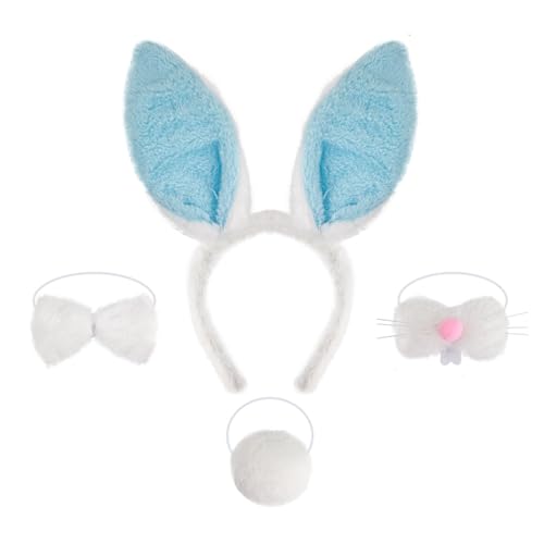 Cazqgoy 4 Pieces Rabbit Costume Accessories, Rabbit Ears Headband Nose Bow Tie and Tail, Rabbit Ears Costume Animal Costume，Easter Bunny Costume Set (Blau) von Cazqgoy