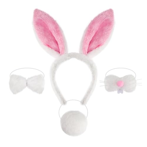 Cazqgoy 4 Pieces Rabbit Costume Accessories, Rabbit Ears Headband Nose Bow Tie and Tail, Rabbit Ears Costume Animal Costume，Easter Bunny Costume Set (Pink) von Cazqgoy