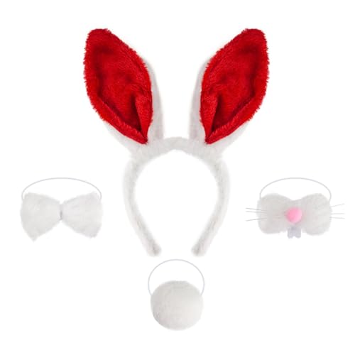 Cazqgoy 4 Pieces Rabbit Costume Accessories, Rabbit Ears Headband Nose Bow Tie and Tail, Rabbit Ears Costume Animal Costume，Easter Bunny Costume Set (Rot) von Cazqgoy