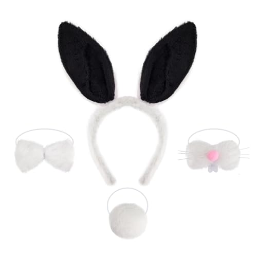 Cazqgoy 4 Pieces Rabbit Costume Accessories, Rabbit Ears Headband Nose Bow Tie and Tail, Rabbit Ears Costume Animal Costume，Easter Bunny Costume Set (Schwarz) von Cazqgoy