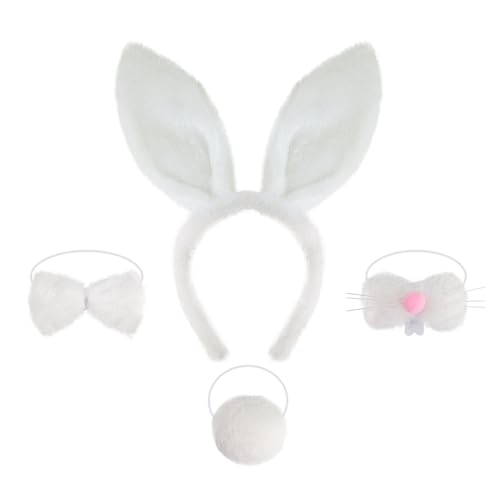 Cazqgoy 4 Pieces Rabbit Costume Accessories, Rabbit Ears Headband Nose Bow Tie and Tail, Rabbit Ears Costume Animal Costume，Easter Bunny Costume Set (Weiß) von Cazqgoy