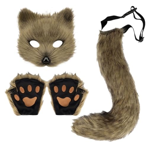 Fox Costume Cosplay Costume with Furry Tail, Mask and Gloves, Faux Fur Fox Mask Wolf Cat Fluffy Tail (Brown) von Cazqgoy