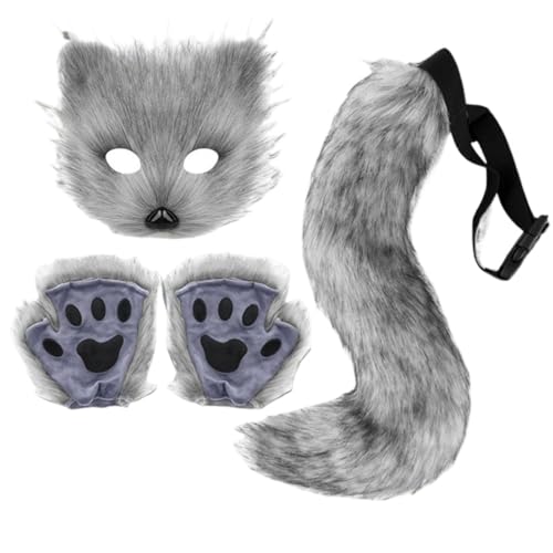 Fox Costume Cosplay Costume with Furry Tail, Mask and Gloves, Faux Fur Fox Mask Wolf Cat Fluffy Tail (Grau) von Cazqgoy