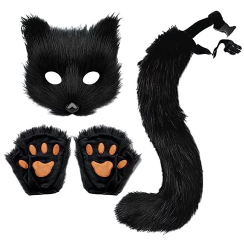 Fox Costume Cosplay Costume with Furry Tail, Mask and Gloves, Faux Fur Fox Mask Wolf Cat Fluffy Tail (Schwarz) von Cazqgoy