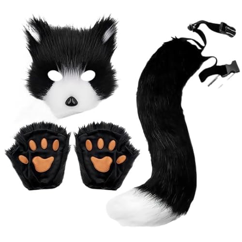 Fox Costume Cosplay Costume with Furry Tail, Mask and Gloves, Faux Fur Fox Mask Wolf Cat Fluffy Tail (Schwarz Weiß) von Cazqgoy