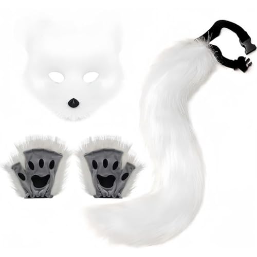 Fox Costume Cosplay Costume with Furry Tail, Mask and Gloves, Faux Fur Fox Mask Wolf Cat Fluffy Tail (Weiß) von Cazqgoy