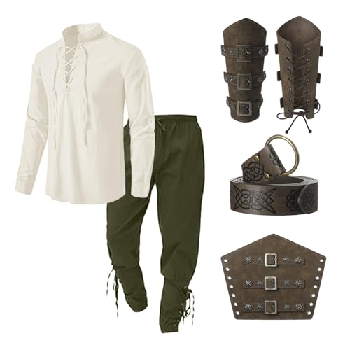 Ccipotatoo 5 Stück Renaissance Kostüm Herren Set Wikinger Kostüm mit Piratenhemd Herren Hose Gürtel Handgelenkschlaufe Mittelalter Kleidung Männer Halloween Karneval Cosplay Kostüme (Beige, S) von Ccipotatoo