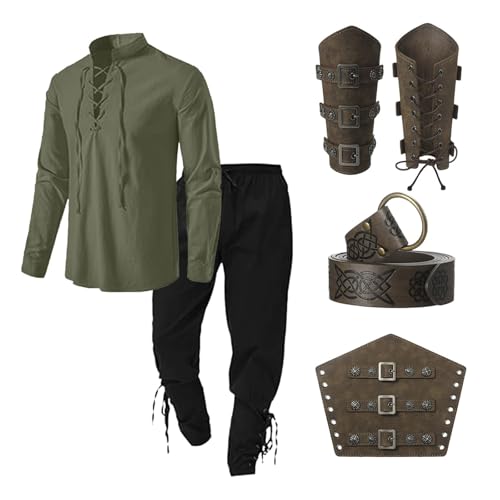 Ccipotatoo 5 Stück Renaissance Kostüm Herren Set Wikinger Kostüm mit Piratenhemd Herren Hose Gürtel Handgelenkschlaufe Mittelalter Kleidung Männer Halloween Karneval Cosplay Kostüme (Armeegrün, L) von Ccipotatoo