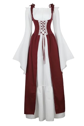 Ccipotatoo Renaissance Kostüm Damen Mittelalter Kleid Irische Viktorianische Vintage Halloween Kleid Übergröße Kleid (Weinrot, 3XL) von Ccipotatoo