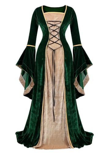 Renaissance Kostüm Damen Mittelalter Samtkleid Irische Vintage Viktorianische Hexe Hexenkostüme Party Halloween (Grün, S) von Ccipotatoo