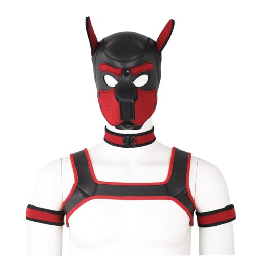 Erwachsene Neopren Welpen Kapuze Custom Tier Kopfmaske Neuheit Kostüm Hund Kapuze Maske, Halsband, Armband und Geschirr Set (Rot) von CelILucky