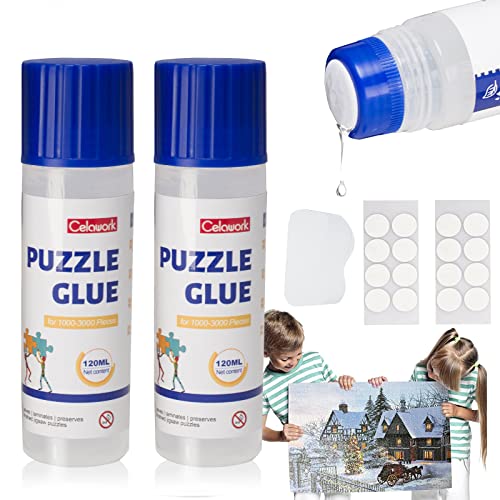 Celawork Puzzle Kleber für 1000/1500/3000 Stücke Puzzles, ungiftiger PVA transparenter Puzzlekleber, Schnelltrocknend, mit Punktkleber, praktisches Zubehör zum Aufhängen von Puzzles (120 ML×2) von Celawork