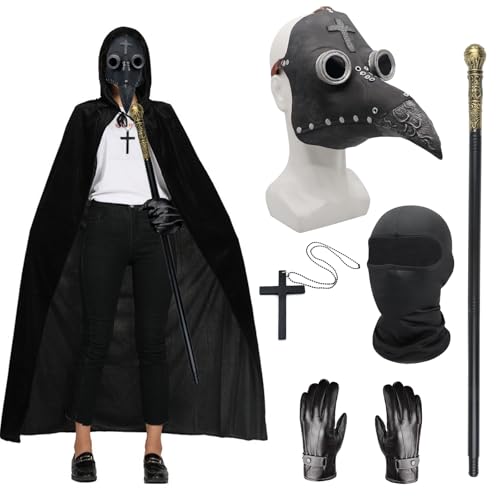 Celebration Directre Halloween Cosplay Kostüm Set, Lange Nase Vogelschnabel Steampunk Maske mit schwarzem Kapuzenmantel, Kreuz Halskette, Lederhandschuhe, Stock, Vollgesichtsmaske von Celebration Directre