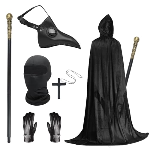 Celebration Directre Halloween Pest Doktor Maske Kostüme Set PU Leder Vogel Lange Nase Schnabel Maske mit Kapuze Umhang Zepter Kreuz Halskette Handschuhe Vollgesichtsmaske für Halloween Cosplay Party von Celebration Directre