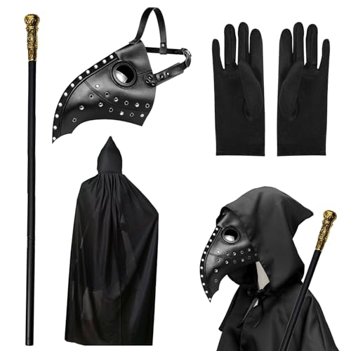 Celebration Directre Halloween Pestärzte Maske, Gothic Pestärzte Maske Lange Nase Schnabelmaske mit schwarzem Kapuzenumhang, schwarze Handschuhe, König Zepter für Halloween Cosplay Verkleidung von Celebration Directre