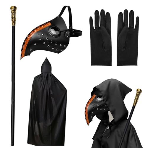 Celebration Directre Halloween Requisiten Kostüm Set, Pestärzte Maske PU Leder Lange Nase Schnabelmaske mit Schwarz Kapuzenumhang, Kurze Handschuhe, King Cane für Halloween Party Cosplay Kostüm von Celebration Directre