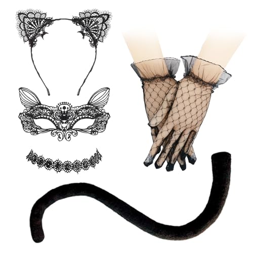 Celebration Directre Schwarze Katze Kostüm Zubehör, Katzenohren Stirnband Maskerade Maske Plüsch Schwanz Choker Halskette Spitze Handschuhe Verkleidung Zubehör für Halloween Cosplay Zubehör von Celebration Directre