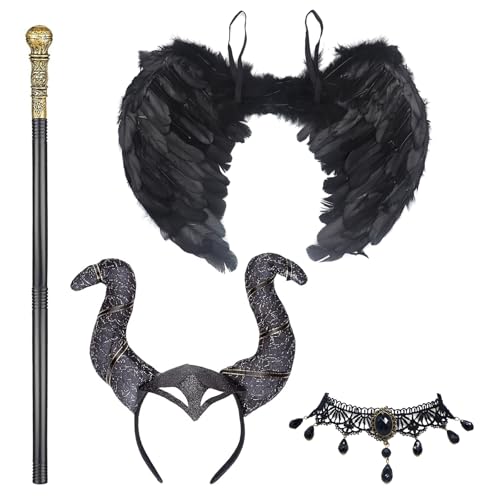 Celebration Directre Teufelskostüm-Set – Hexenhorn-Stirnband, schwarze Engelsflügel, Kostüm, König, Zepter, Spitze, Halskette, Erwachsenenkostüm, Halloween-Kostüm, Zubehör für Erwachsene, Halloween, von Celebration Directre