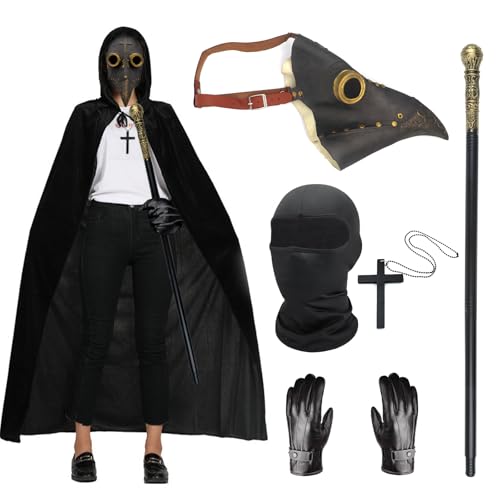 Halloween-Cosplay-Kostüm-Set, lange Nase, Vogelschnabel, Steampunk-Maske mit schwarzem Kapuzenumhang, Kreuz-Halskette, Lederhandschuhe, Gehstock, Vollgesichtsmaske für Halloween, Maskerade, Party, von Celebration Directre