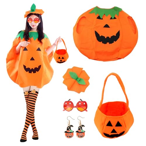 Halloween-Kürbis-Kostüm für Erwachsene, lustiges Kürbis-Outfit mit Kürbis-Hut, Süßigkeitentasche, Oberschenkelhohe Strümpfe, Brillen, Ohrringe, Halloween-Party, Kostüm, Kleidung, Outfits für von Celebration Directre