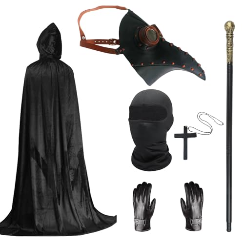 Pestarzt Kostüm Set, Halloween Maske Lange Nase Schnabel Maske Schwarz mit schwarzer Kapuze Umhang Kreuz Halskette Handschuhe Stock Vollgesichtsmaske für Halloween Party, Punk Karneval, Maskerade (D) von Celebration Directre