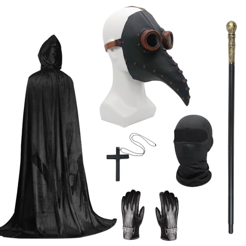 Pest-Doktor-Kostüm-Set, Halloween-Maske, lange Nase, Schnabelmaske, schwarz mit schwarzer Kapuze, Umhang, Kreuz-Halskette, Handschuhe, Gehstock, Vollgesichtsmaske für Halloween-Party, Punk-Karneval, von Celebration Directre