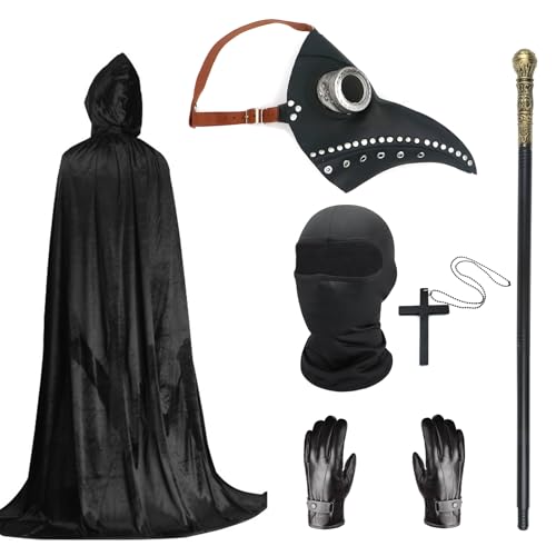 Pestarzt Kostüm Set, Halloween Maske Lange Nase Schnabel Maske Schwarz mit schwarzer Kapuze Umhang Kreuz Halskette Handschuhe Stock Vollgesichtsmaske für Halloween Party, Punk Karneval, Maskerade (B) von Celebration Directre