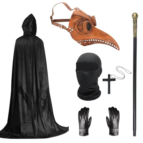 Pestarzt Kostüm Set, Halloween Maske Lange Nase Schnabel Maske Schwarz mit schwarzer Kapuze Umhang Kreuz Halskette Handschuhe Stock Vollgesichtsmaske für Halloween Party, Punk Karneval, Maskerade (C) von Celebration Directre