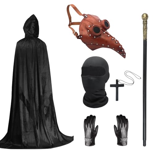 Pestarzt Kostüm Set, Halloween Maske Lange Nase Schnabel Maske Schwarz mit schwarzer Kapuze Umhang Kreuz Halskette Handschuhe Stock Vollgesichtsmaske für Halloween Party, Punk Karneval, Maskerade (F) von Celebration Directre