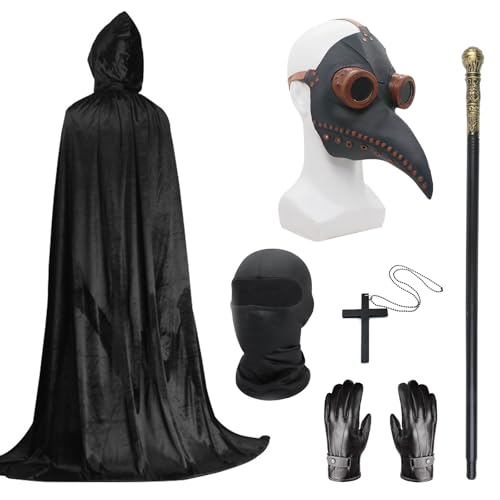 Pest-Doktor-Kostüm-Set, Halloween-Maske, lange Nase, Schnabelmaske, schwarz mit schwarzer Kapuze, Umhang, Kreuz-Halskette, Handschuhe, Gehstock, Vollgesichtsmaske für Halloween-Party, Punk-Karneval, von Celebration Directre