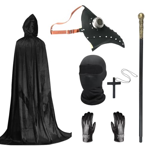 Pestdoktor Kostüm Set, Halloween Maske Lange Nase Schnabel Maske Schwarz mit schwarzer Kapuze Umhang Kreuz Halskette Handschuhe Stock Vollgesichtsmaske für Halloween Party, Punk Karneval, Maskerade von Celebration Directre