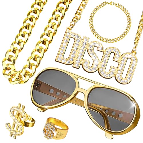 Celestia 6 Stück Zuhälter Kostüm, 80er 90er Jahre Outfit Herren Hip Hop Kostüm, Goldkette, Herren Gangster Gang Sonnenbrille, Goldene Dollar Kette, Ring, Für Karneval, Fasching, Mottoparty, Halloween von Celestia